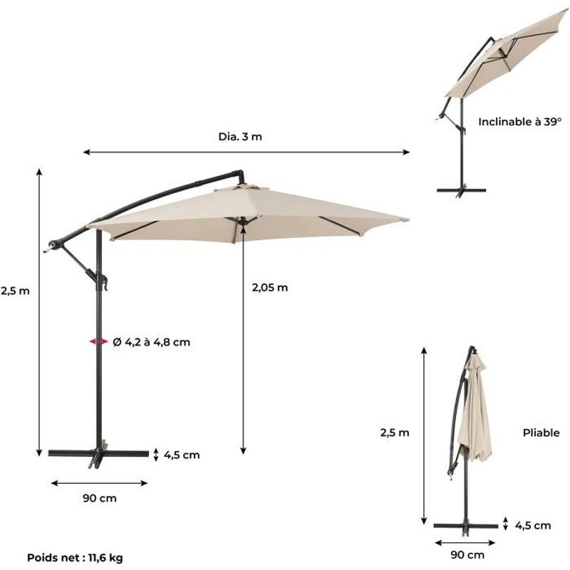 Parasol déporté AUREA Ø 3 m - Structure en aluminium avec toile polyester 180g - Creme