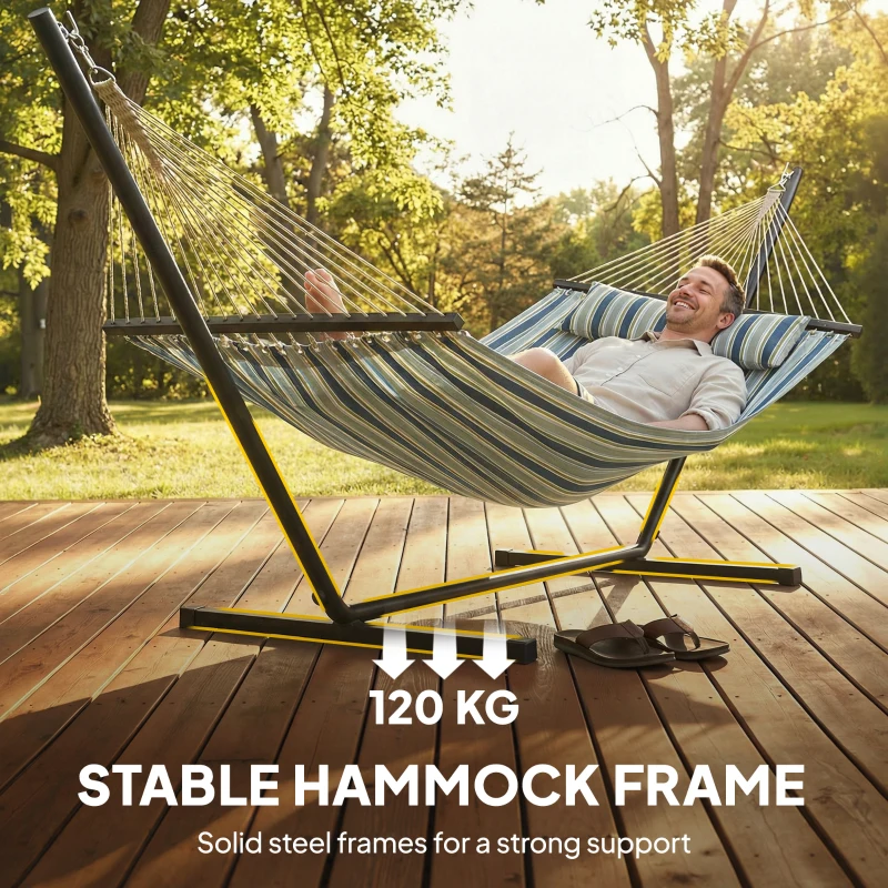 Outsunny Outdoor Hammock with Stand Detachable Pillow Striped Swing Steel Frame, for Garden, Patio, Green