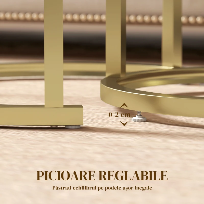 HOMCOM Set de 2 mese de cafea cu blat cu efect de marmură, din lemn și oțel, Ø50x50,5 cm și 60x36x43,5 cm, Alb