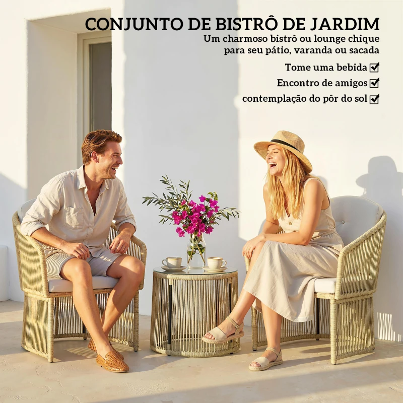 Outsunny Conjunto de Jardim Exterior em Resina Trançada 2 Pessoas Mesa de Jardim Exterior com 2 Cadeiras com Almofadas Creme