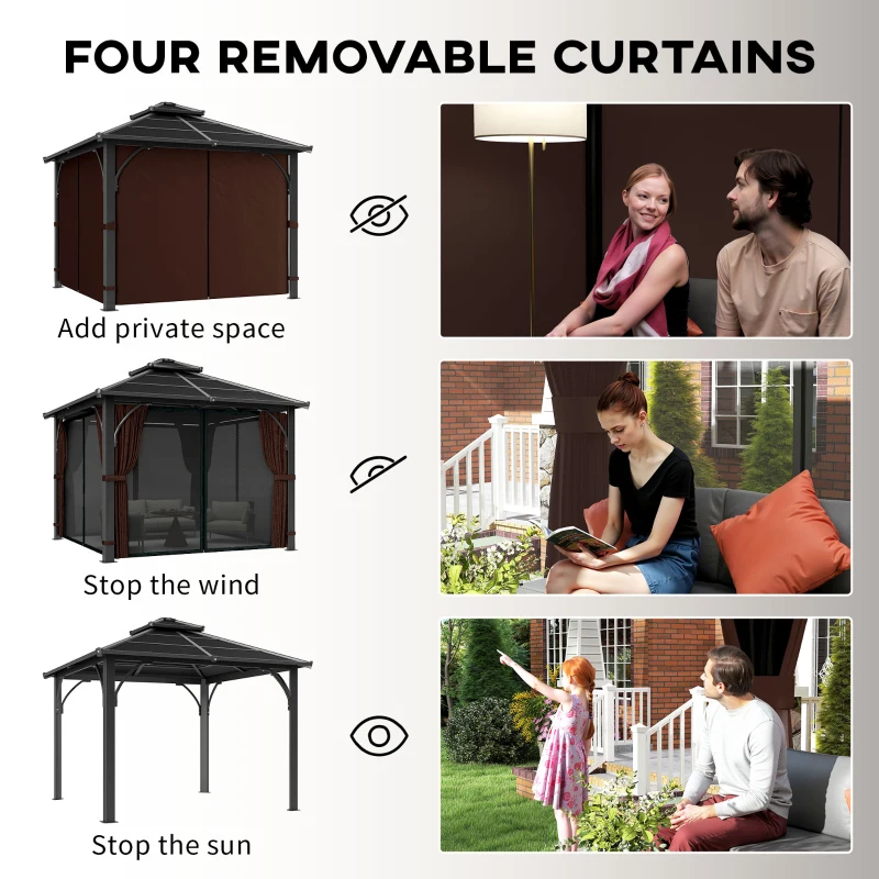 Outsunny 3 x 3(m) Hardtop Gazebo Canopy with 7mm Polycarbonate Double-Tier Roof, Garden Gazebo Permanent Pavilion with Mosquito Netting and Curtains for Patio, Terrace, Brown