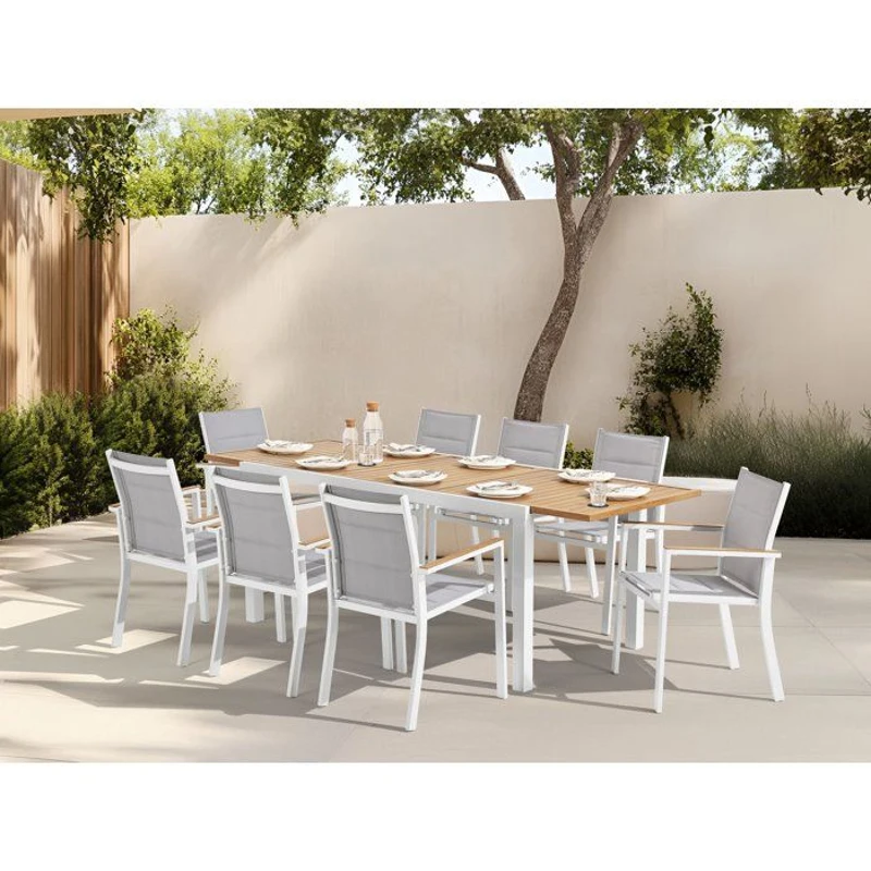 Ensemble repas de jardin LOUNA 8 personnes en aluminium - Table extensible + 8 fauteuils