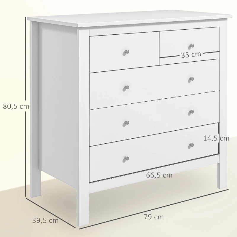HOMCOM Commode à 5 tiroirs, meuble de rangement, avec poignées, glissières métalliques,  en bois, 79l x 39,5P x 80,5H cm, blanc