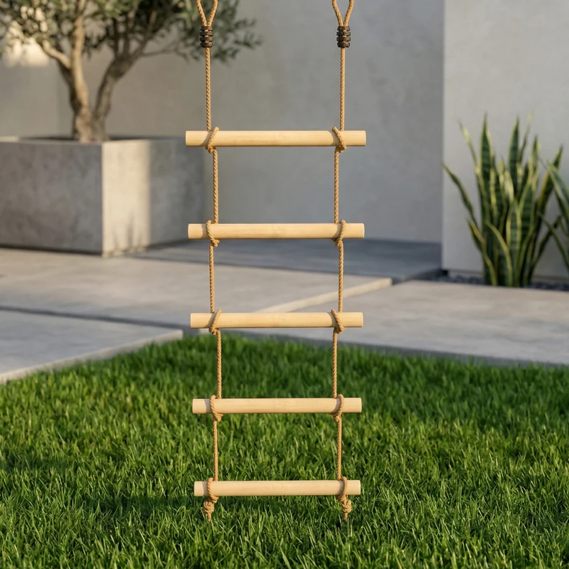 AIYAPLAY Ninja Line Kinder 1,8m 5-stufige Kletterleiter mit 2 Karabinern 2 Baumgurten für 3-8 Jahre 40 x 3,5 x 180 cm Naturholz