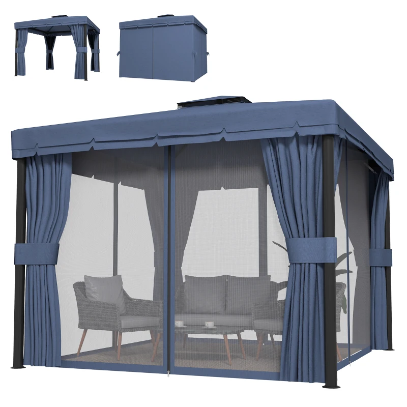 Outsunny 3 x 3(m) Patio Gazebo Canopy Garden Pavilion Tent Shelter Marquee with 2 Tier Roof, Netting and Curtains, Dark Blue