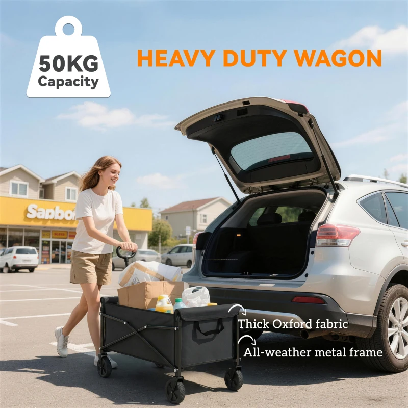 Outsunny 81L Festival Trolley on Wheels, Compact Garden Folding Trolley Cart with Adjustable Handle 80L Black