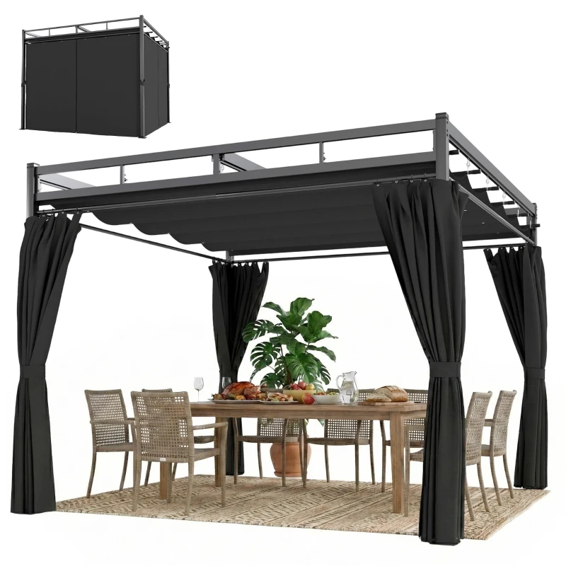 Outsunny 3 x 3 m Pergola with Retractable Roof Canopy and Curtains, UPF30+ Metal Frame Garden Pergola Gazebo Sun Shade, Dark Grey