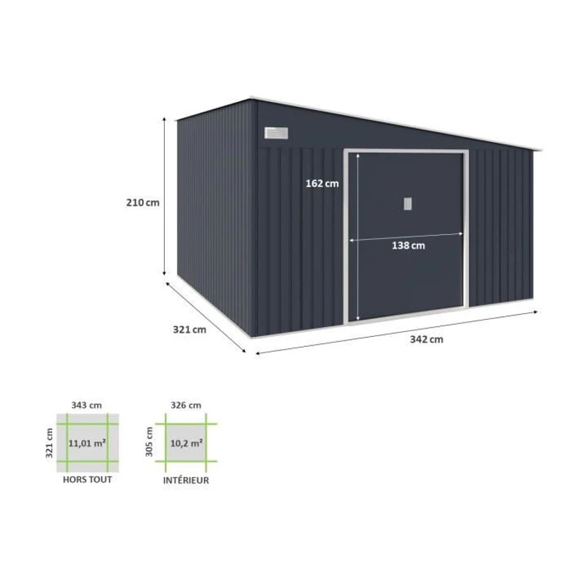 Abri de jardin en métal 11,01 m² - 342 x 321 x 162 - 210 cm - ASTRO - Kit d'ancrage inclus, 2 portes coulissantes - Gris