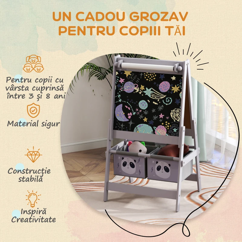 AIYAPLAY Tablă pentru Copii 3-În-1 cu 2 Rafturi și Șevalet din Lemn pentru Copii de 3-8 Ani, 54x46,5x93 cm, Roz