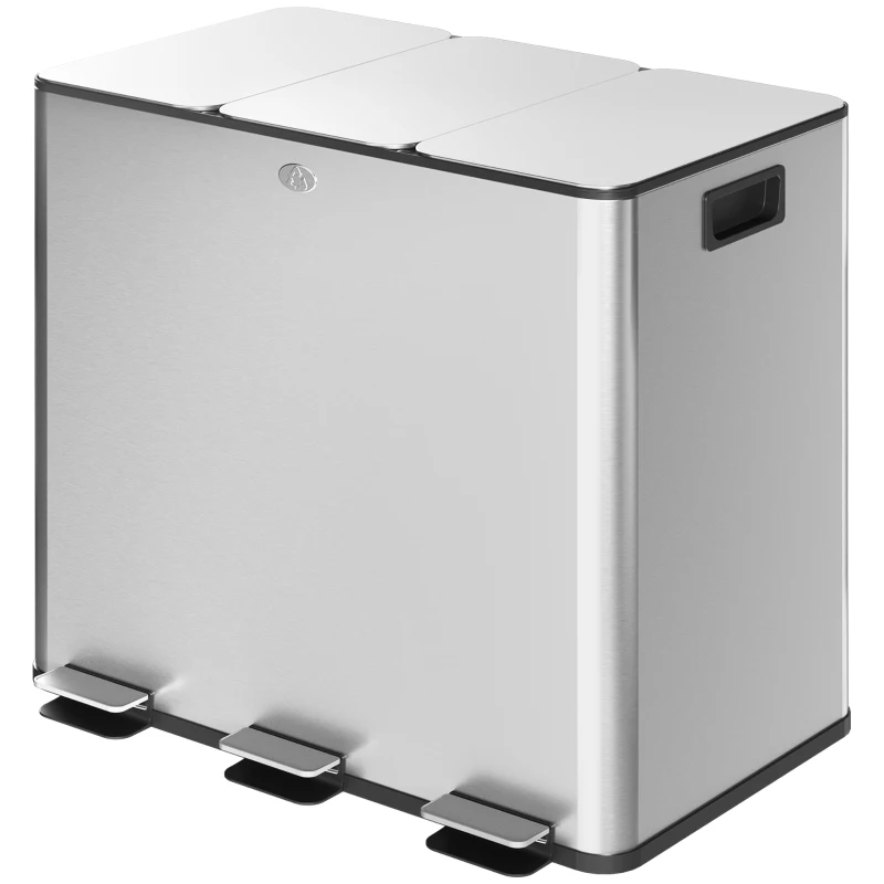 HOMCOM 3 x 15L Pedal Bin, Steel Triple Kitchen Bin with Soft Close Lid, Removable Inner Buckets, Fingerprint-Proof, Silver