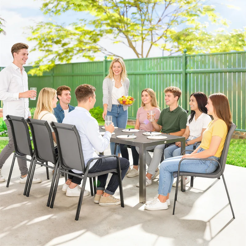 Outsunny 9 Pieces Garden Dining Set, Outdoor Table and Chairs Set for 8, Garden Furniture Set with Tempered Glass Top, Dark Grey