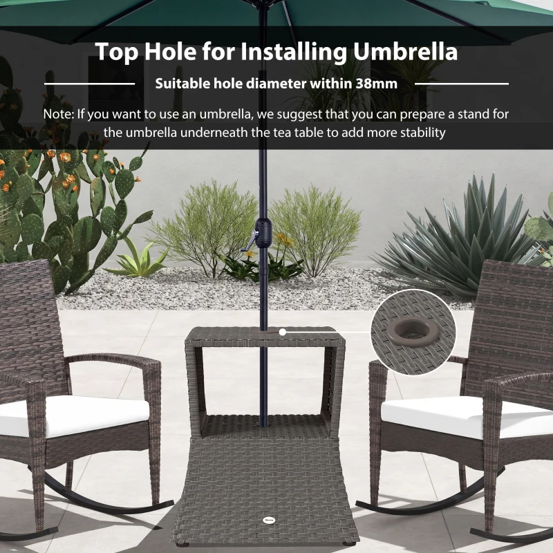 Outsunny Rattan Outdoor Coffee Table, Wicker Garden Patio Bistro Side Table with Umbrella Hole and Storage Space, Dark Grey