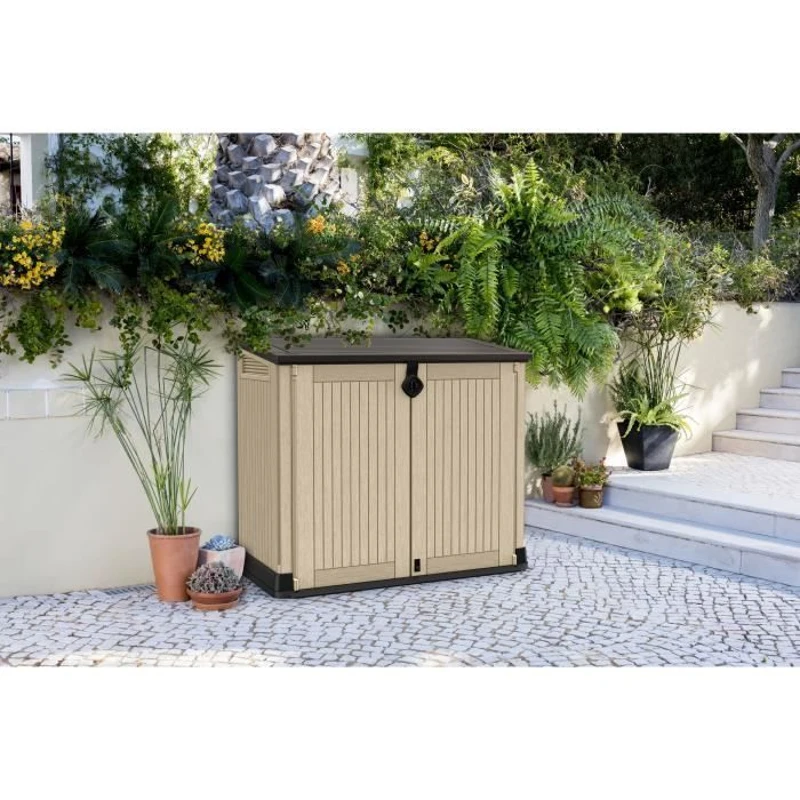 Coffre de rangement extérieur KETER en résine 880 litres Beige et marron- Malle de jardin sans vérins