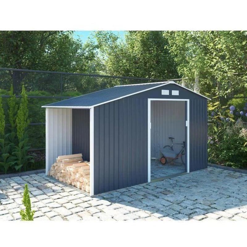 Abri de jardin en métal et abri bûches 6,53 m² - 342 x 191 x 202 cm - SOLIS - Kit d'ancrage inclus, 2 portes coulissantes - Gris