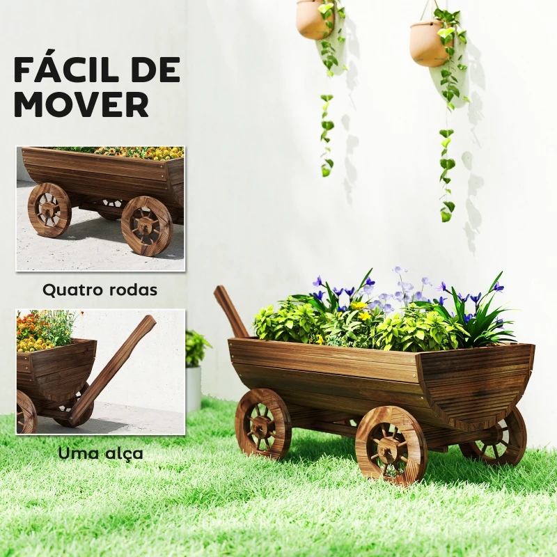Outsunny Carrinho de Madeira com 4 Rodas e Pega Floreiro Exterior com Furo de Drenagem 115x40x54,5 cm Carbonizado