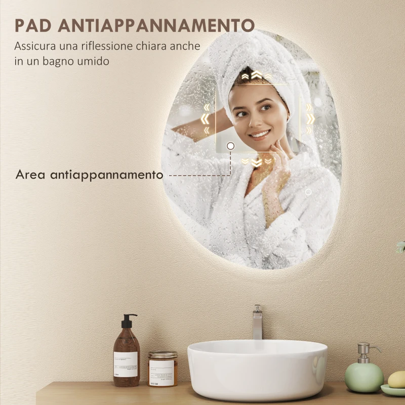 HOMCOM Specchio da Bagno Illuminato a LED con Colore e Temperatura Regolabile, in Vetro Temperato, 70x5x50 cm, Argento