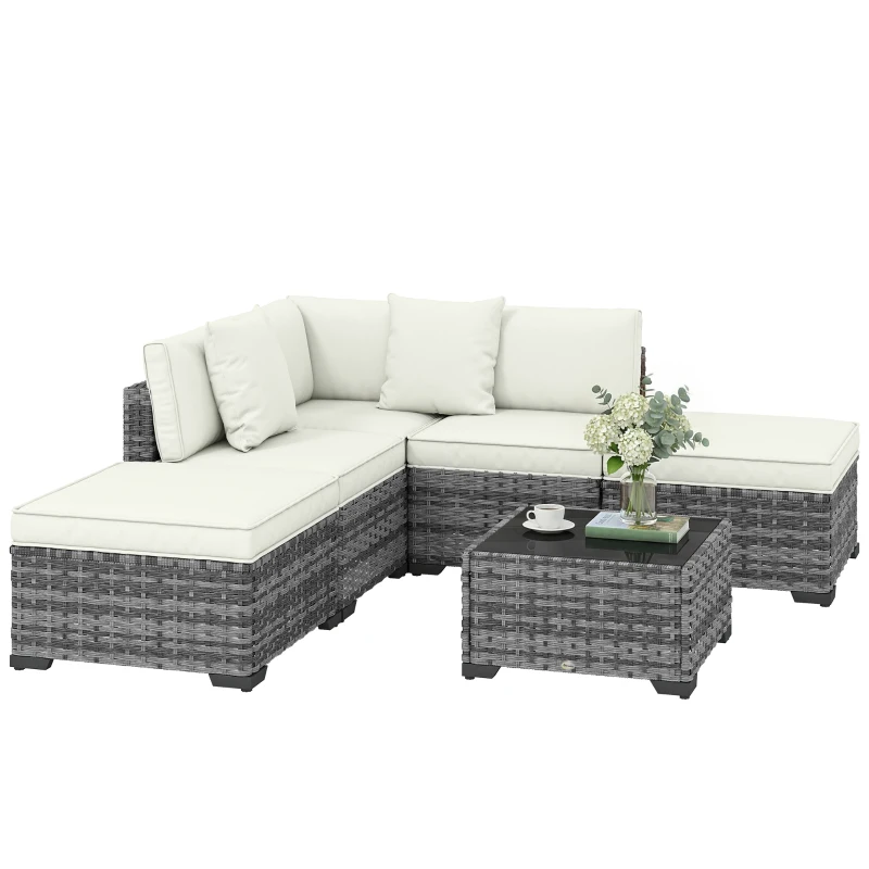 Outsunny 6-teiliges Rattan-Gartenmöbel-Set mit Ecksessel, Sofas ohne Armlehnen, Fußhocker und Tisch, Grau-Mix