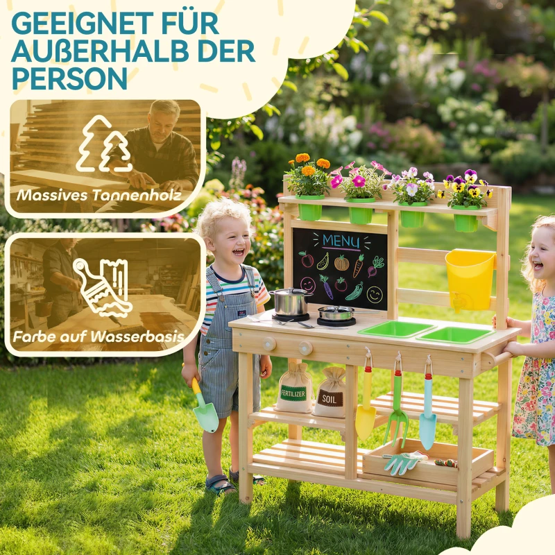 AIYAPLAY Outdoor Mud Kitchen for Kids, Wooden Play Kitchen with Sink Stove Plant Pots Chalkboard for 3-6 Years 77x32x95 cm Natural Wood