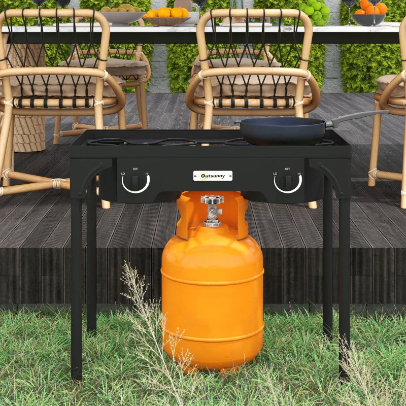 Outsunny Réchaud 2 brûleurs au propane portable 150 000 BTU/h avec 2 pieds amovibles pour extérieur, camping, métal moulé