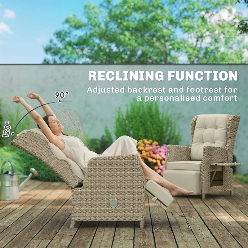 Outsunny Rattan Garden Recliner Chair, Reclining Garden Chair with Adjustable Back and Footrest, Flip Table, Cushion, Brown
