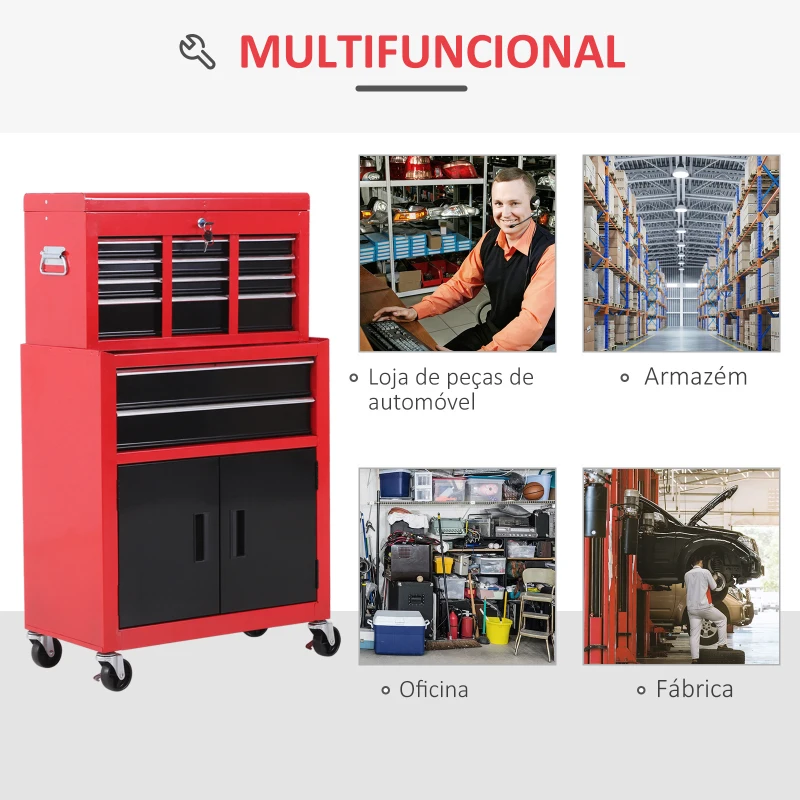 HOMCOM Carrinho de Ferramentas com Baú Superior 6 Gavetas Armário Fechadura e 4 Ganchos para Garagem 61,6x33x108 cm Vermelho