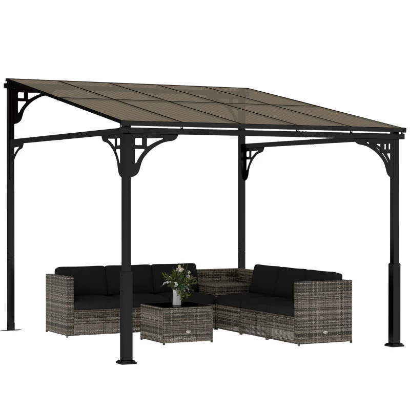 Outsunny 3 x 2.87 m Metal Lean-to Pergola, Wall-Mounted Hardtop Garden Pergola with Polycarbonate Roof and Metal-Aluminium Frame