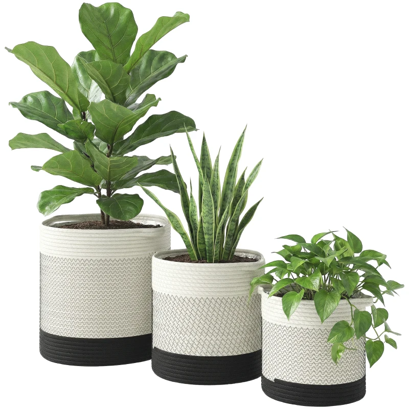 Outsunny Plant Pots Handwoven Cotton Indoor Planters with Waterproof Liner Set of 3 White