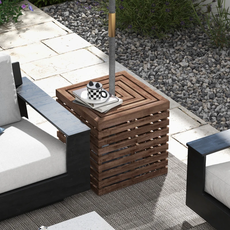 Outsunny Coffre de rangement extérieure 2 en 1 pour base de parasol, table d'appoint de terrasse avec trou pour parasol en bois