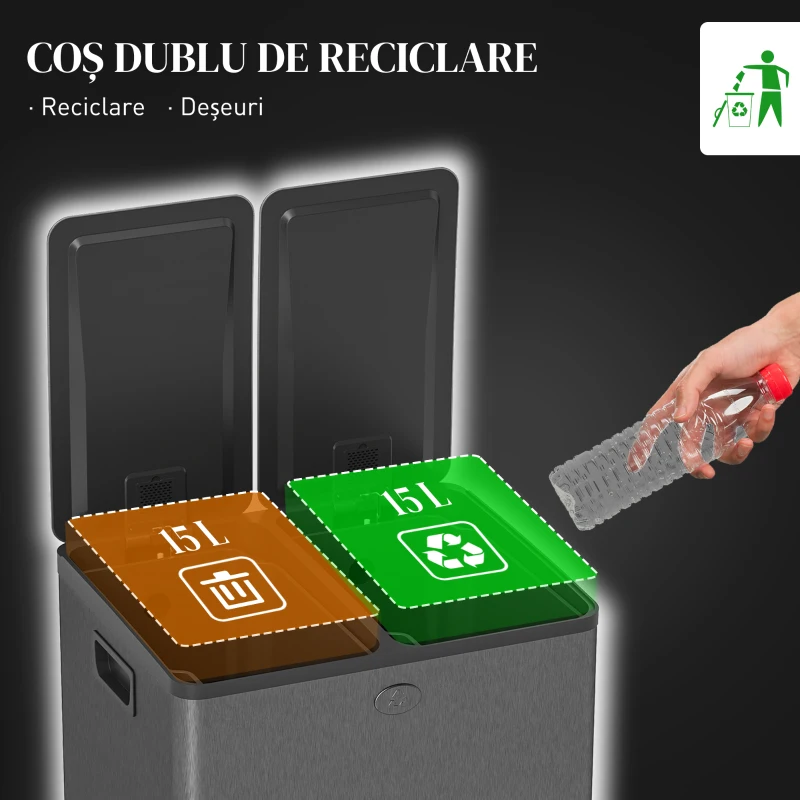 HOMCOM Coș de Gunoi cu 2 Secțiuni de 15L, cu Închidere Silențioasă, din Oțel Inoxidabil și PP, 41.7x36.6x43.2 cm, Negru