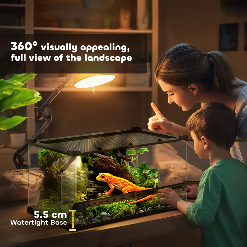 PawHut Reptile Glass Terrarium, Reptile Vivarium with Front Ventilation, Escape-Proof Knob Lock, Glass Enclosure for Lizards, Horned Frogs, Snakes, 50 x 30 x 25 cm, Black