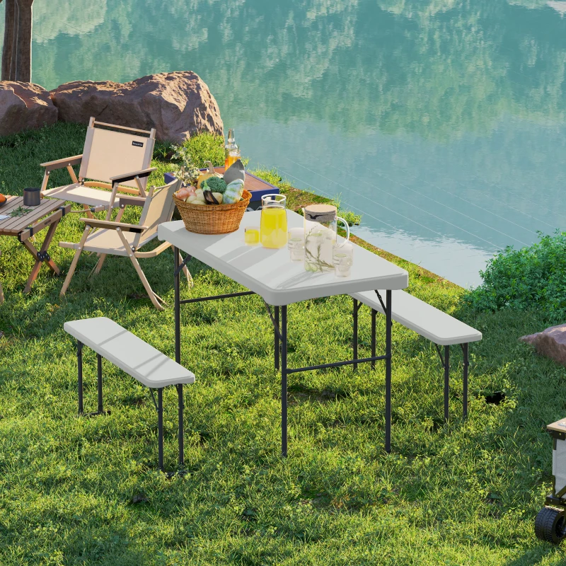 Outsunny Ensemble table pliante et bancs de pique-nique 113 cm avec poignées de transport, table et banc pliable gris clair blanc