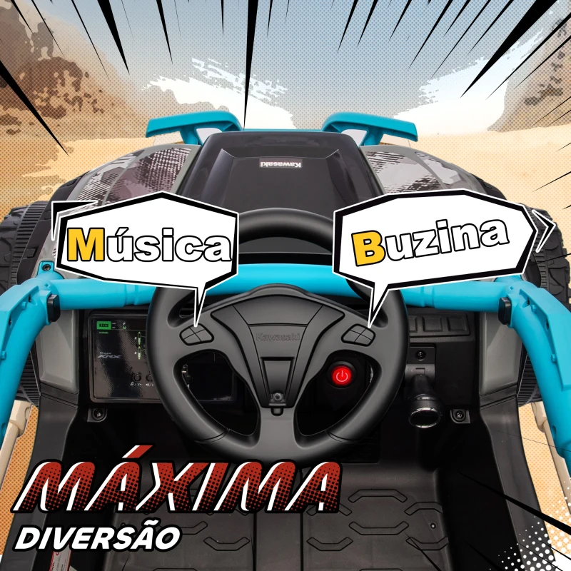 AIYAPLAY Carro Elétrico para Crianças 12V Kawasaki Teryx KRX 1000 com 2 Motores Faróis e USB 100x64x56 cm Azul