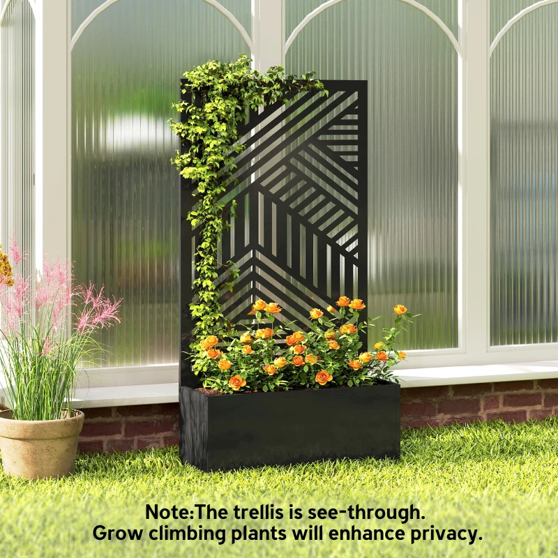 Outsunny Metal Garden Bed for Garden with Trellis, Raised Garden Bed with Privacy Screen, Geometric Slatted Cut-Out