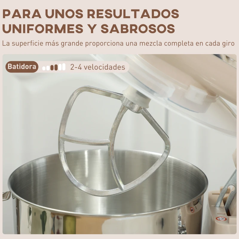 HOMCOM Batidora Amasadora 4,5L 1300W 6 Velocidades Bol de Acero Inoxidable Batidor Gancho Varilla Beige