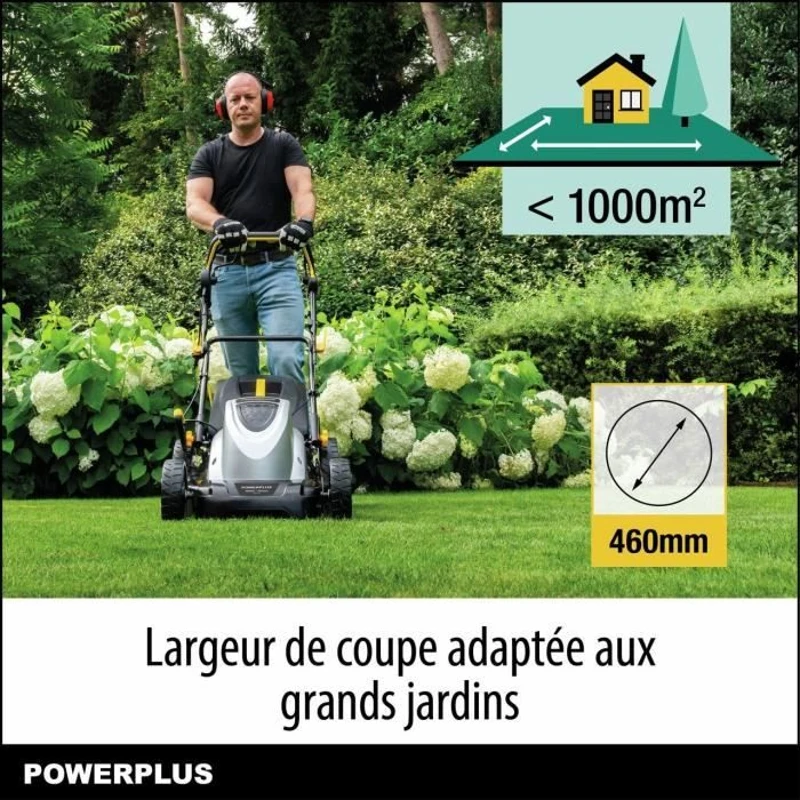 Tondeuse a gazon électrique - POWERPLUS - POWPG6290 - 1800 W - 460 mm Ø - Avec ramassage, mulching et éjection Arriere