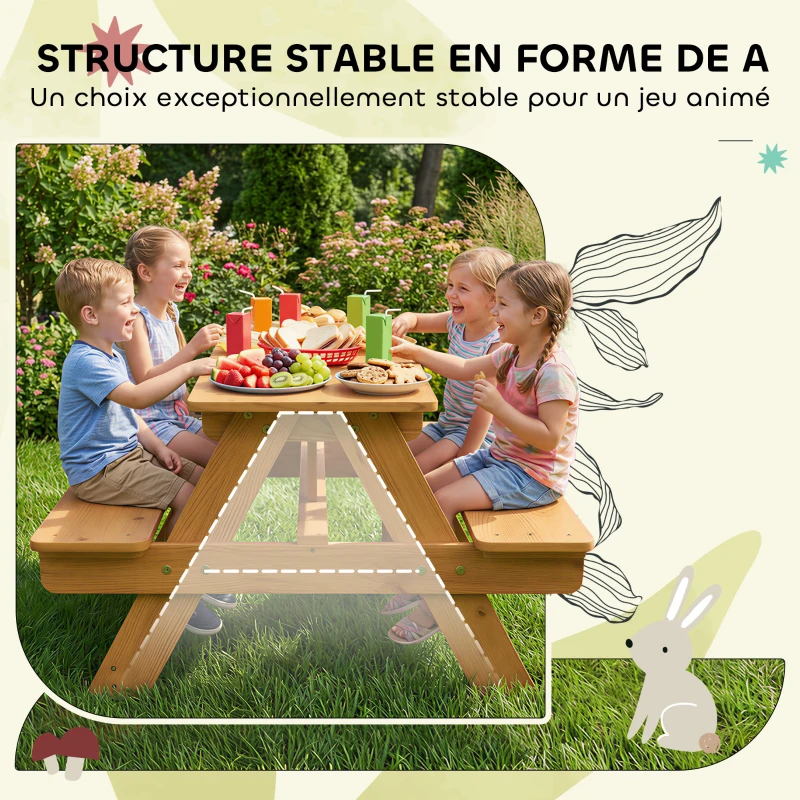 AIYAPLAY Ensemble salon de jardin extérieur enfant, table pique-nique enfant avec bancs, cadre en bois massif, bois naturel