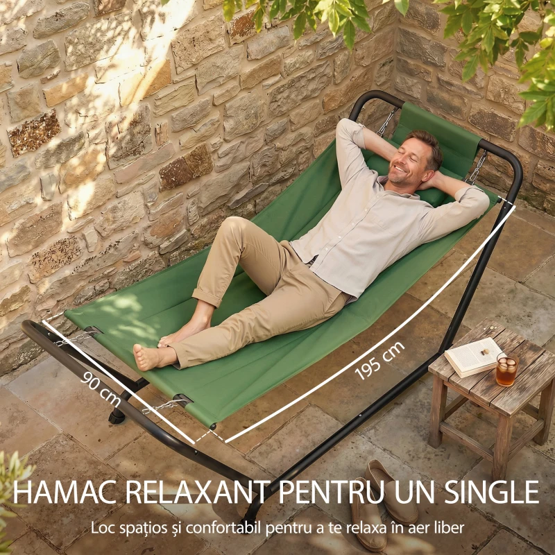Outsunny Hamac de Exterior cu Suport, Hamac Autoportant cu Buzunar Lateral, Tetieră și Structură din Metal, Capacitate 150 kg pentru Grădină, Balcon, Terasă, 237 x 90 x 92 cm, Verde Întunecat