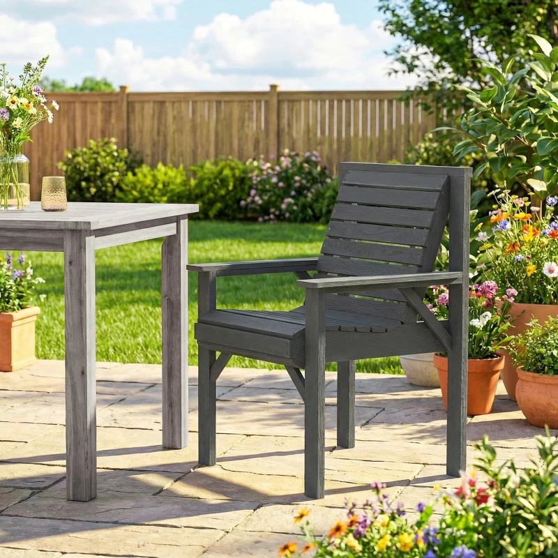 Outsunny Wooden Garden Dining Chair, Outdoor Chair Garden Armchair with Curved Seat and Wide Armrests, Grey Embossed Finish