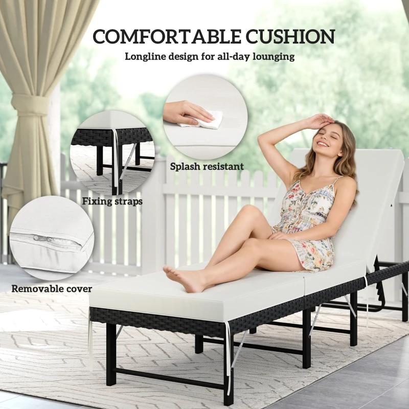 Outsunny Single Folding Rattan Sun Lounger, with Cushion - Black