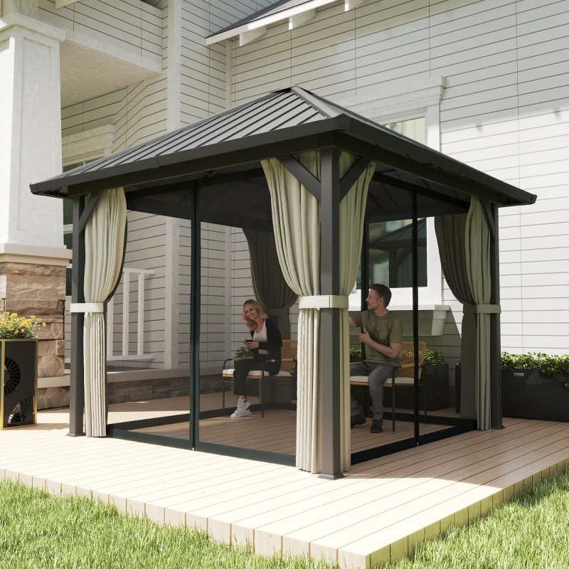 Outsunny 3 x 3(m) Hardtop Gazebo with Galvanised Steel Roof and Water Gutter, Waterproof Permanent Pavilion Garden Gazebo with Netting and Curtains for Patio, Deck, Black