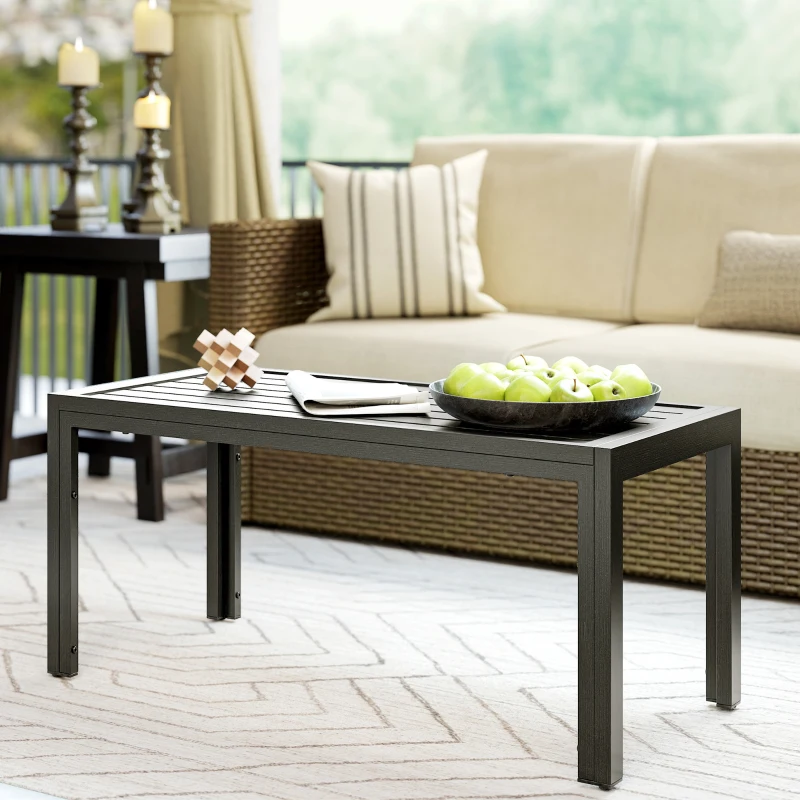 Outsunny Outdoor Side Table, Rectangular Patio Coffee Side Table with Steel Frame and Slat Tabletop for Garden, Balcony, Grey