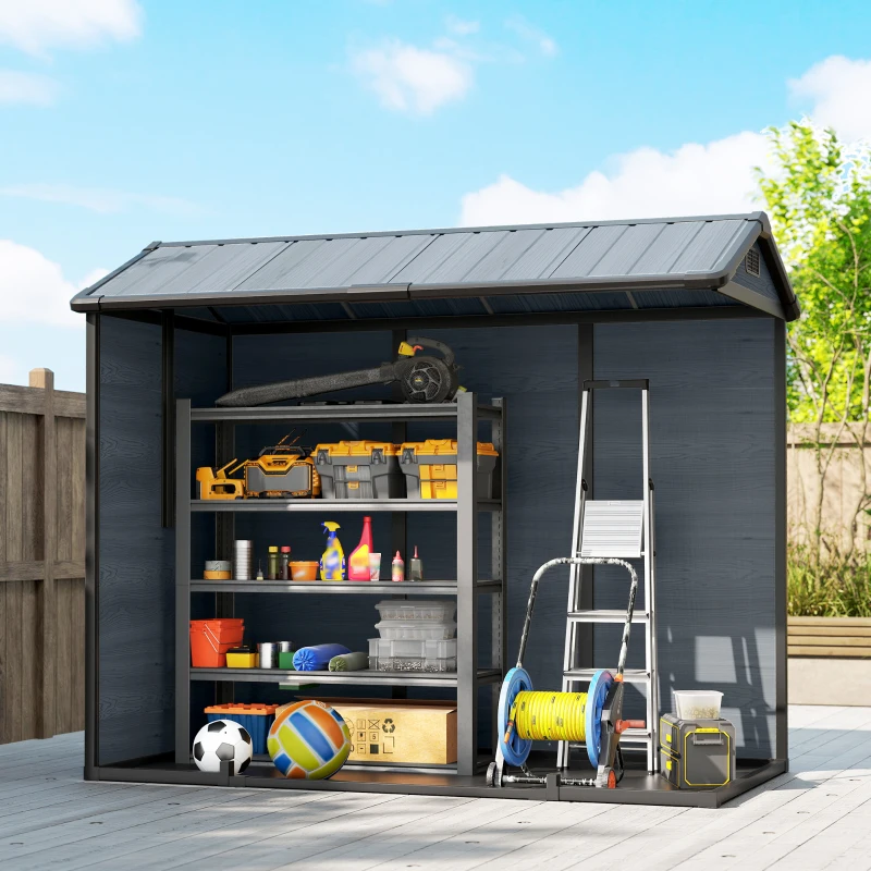 Outsunny 8 x 4 ft Resin Garden Shed, Wood-Effect Outdoor Storage Shed with Floor, Windows, Lockable Doors and Vents, Dark Grey