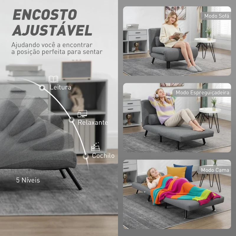 HOMCOM Sofá Cama Individual Dobrável com Encosto Ajustável em 5 Níveis Almofada e Estofado de Linho Sintético 75x70x75 cm Cinzento
