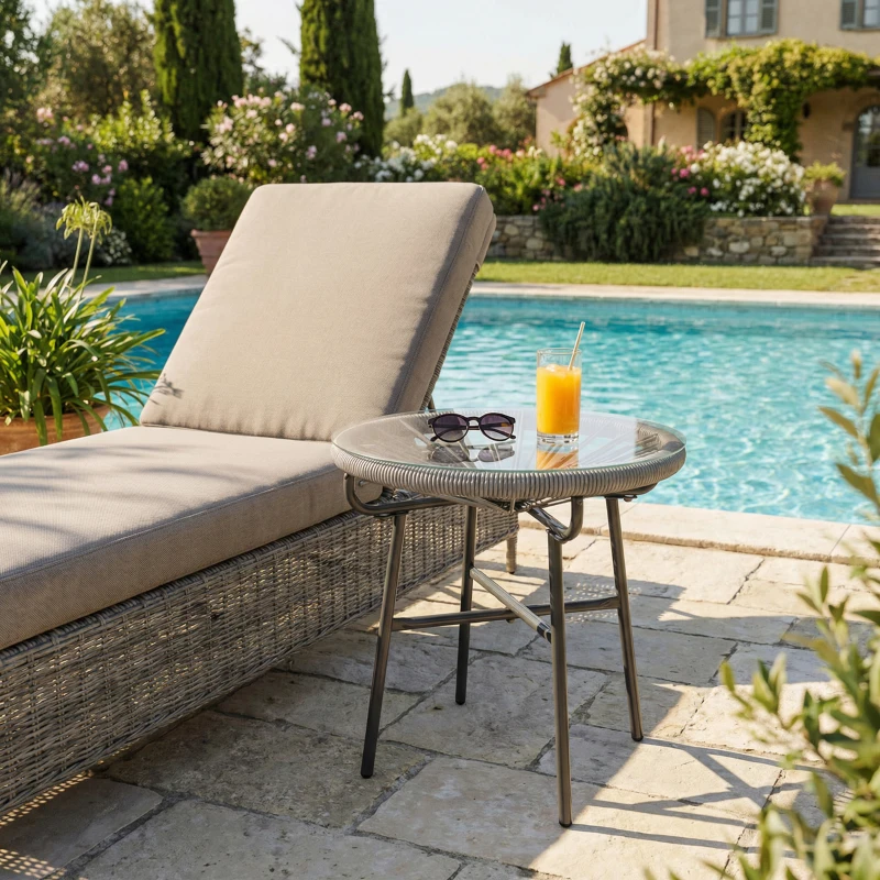 Outsunny Rattan Side Table, Round Outdoor Coffee Table, with Round PE Rattan and Tempered Glass Tabletop, Light Grey