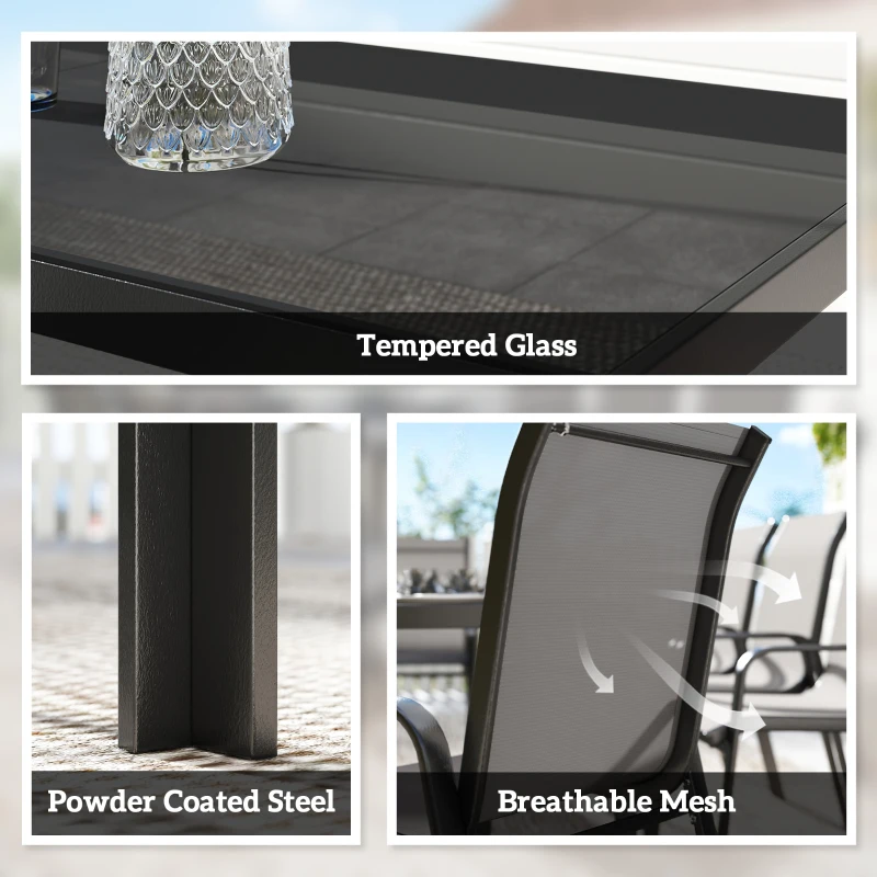 Outsunny 9 Pieces Garden Dining Set, Outdoor Table and Chairs Set for 8, Garden Furniture Set with Tempered Glass Top, Dark Grey