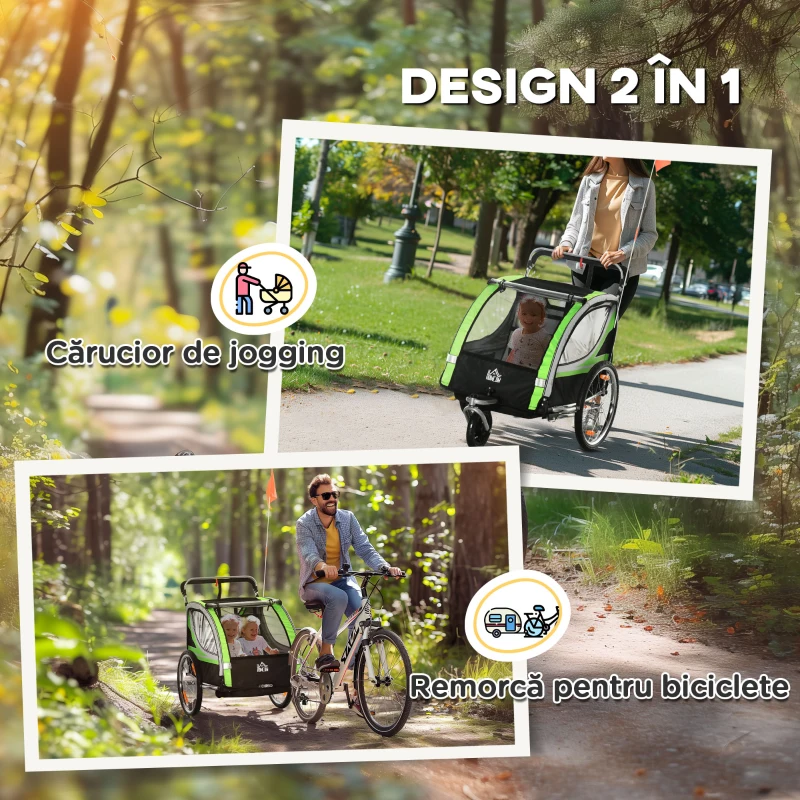 HOMCOM Remorcă Bicicletă pentru Copii, Design 2 în 1 cu Frână și Centură de Siguranță, 142x75x101 cm, Albastru