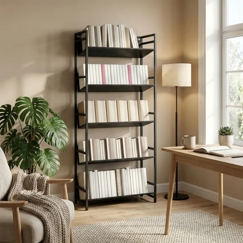 HOMCOM Bookshelf 5-Tier Metal Frame Room Divider Bookcase Storage Shelves for Living Room Black