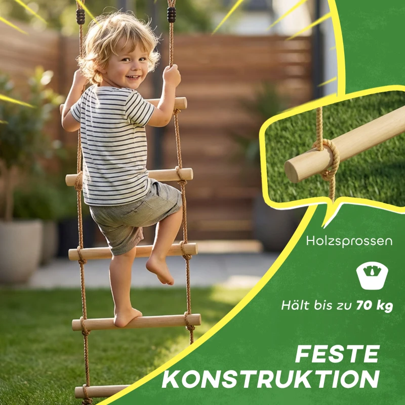 AIYAPLAY Ninja Line Kinder 1,8m 5-stufige Kletterleiter mit 2 Karabinern 2 Baumgurten für 3-8 Jahre 40 x 3,5 x 180 cm Naturholz