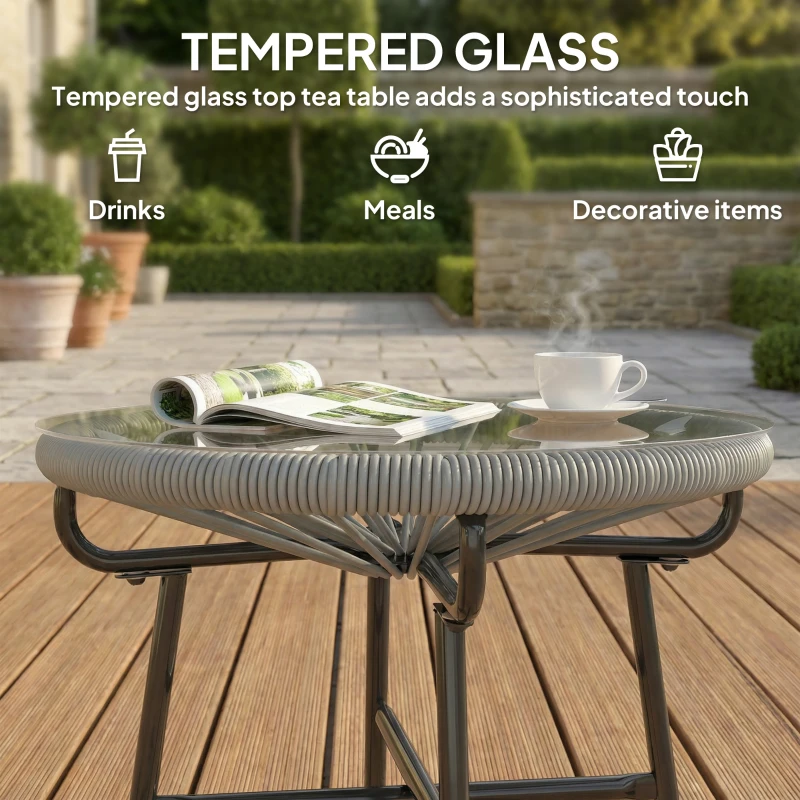 Outsunny Rattan Side Table, Round Outdoor Coffee Table, with Round PE Rattan and Tempered Glass Tabletop, Light Grey