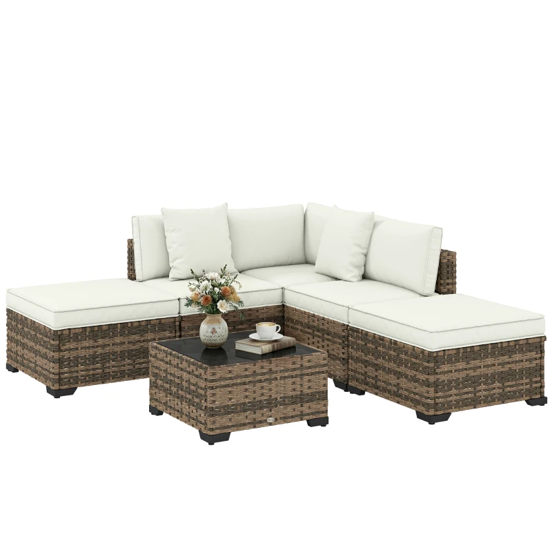 Outsunny Conjunto de Jardim Exterior de Rattan de 6 Peças com Cadeira de Canto, 2 Cadeiras sem Braços, Apoio para Pés e Mesa, Amarelo